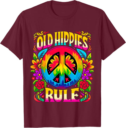 Old Hippies Rule 70s 80s Party Peace T-Shirt - T-Shirt | Maroon