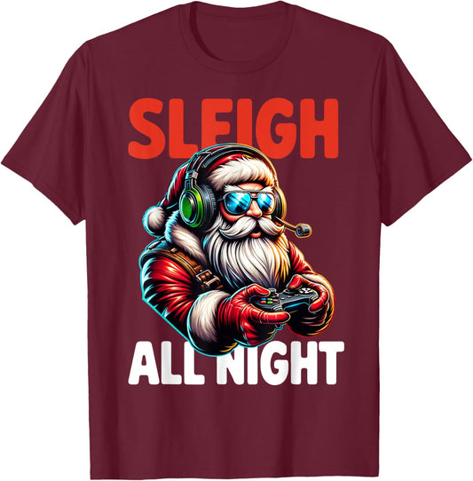 Christmas Gamer Boys Sleigh All Night Video Game Santa Xmas T-Shirt - T-Shirt | Maroon