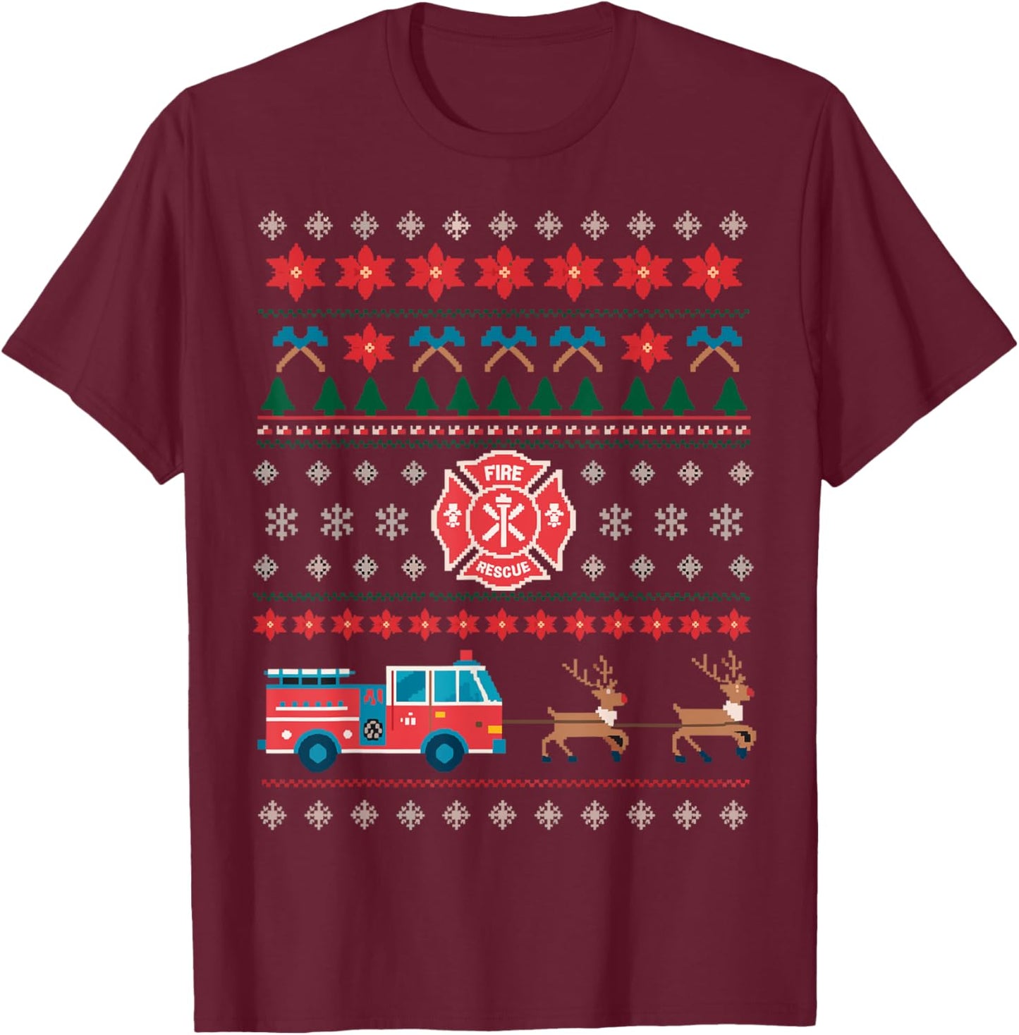 Firefighter Fire Rescue Funny Christmas Ugly Sweater T-Shirt - T-Shirt | Maroon