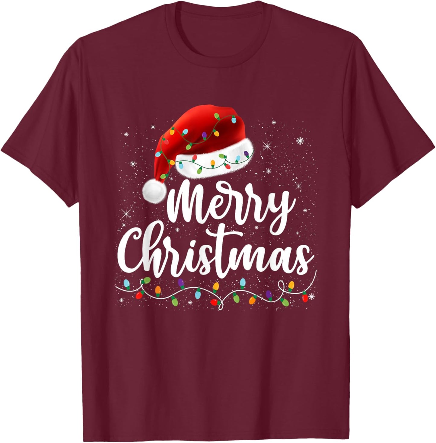 Merry Christmas Lights Red Santa Hat Xmas Family Men Women T-Shirt - T-Shirt | Maroon