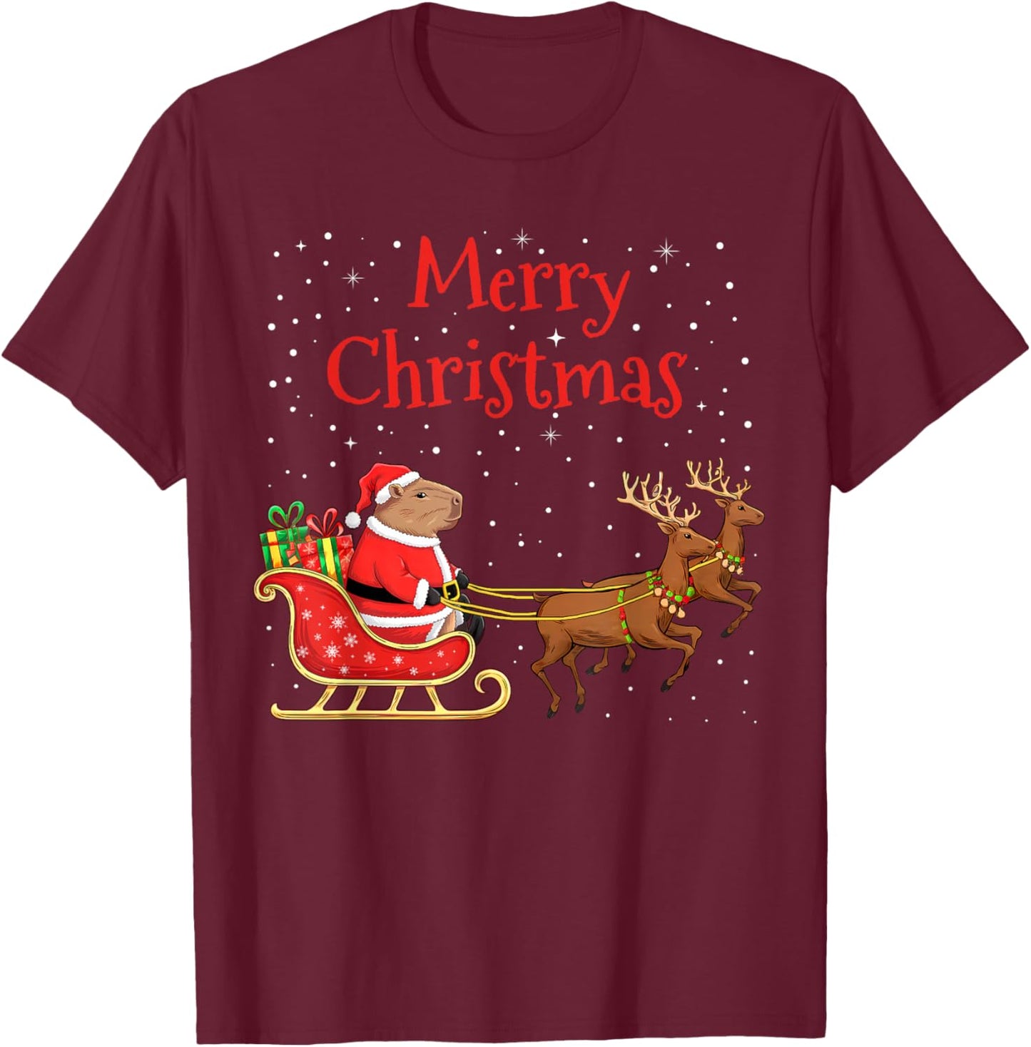 Merry Christmas Capybara Riding Santa Sleigh With Reindeer T-Shirt - T-Shirt | Maroon