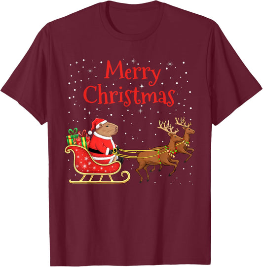 Merry Christmas Capybara Riding Santa Sleigh With Reindeer T-Shirt - T-Shirt | Maroon