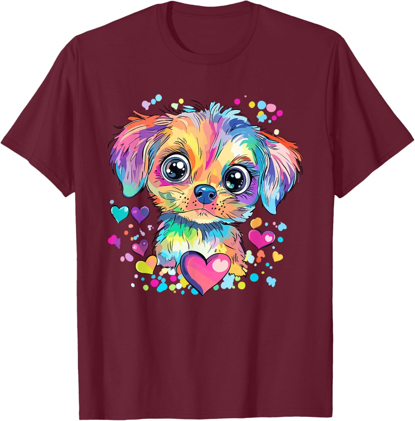 Rainbow Puppy with Hearts T-Shirt - T-Shirt | Maroon
