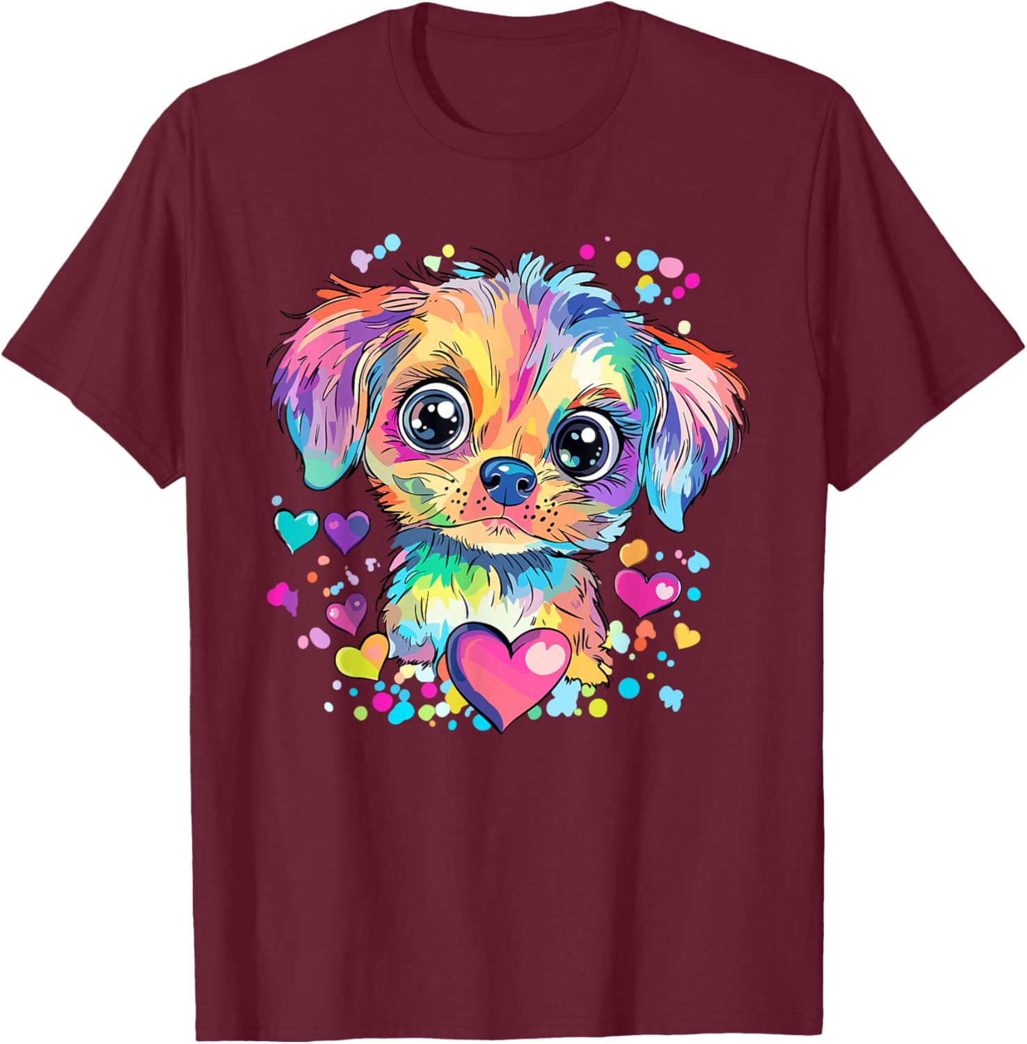 Rainbow Puppy with Hearts T-Shirt - T-Shirt | Maroon