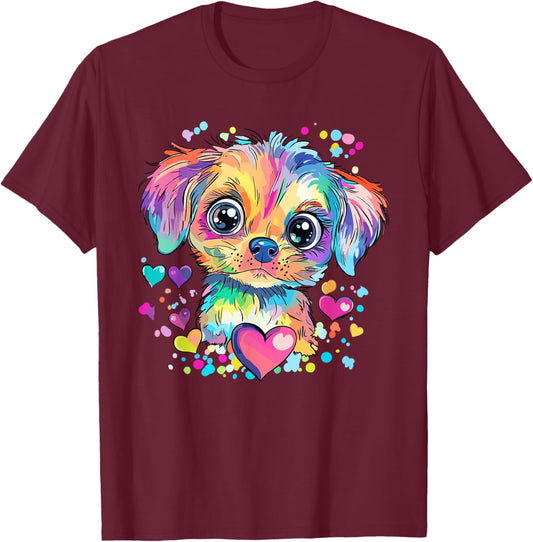 Rainbow Puppy with Hearts T-Shirt - T-Shirt | Maroon