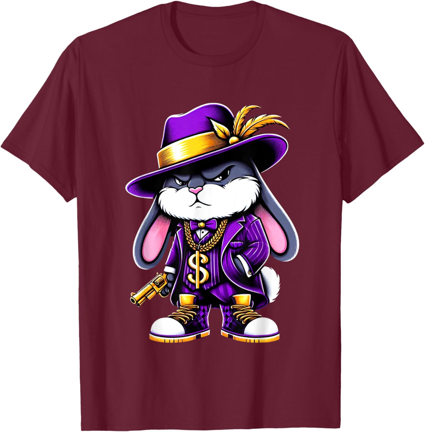 Thug Bunny Pimp Gangster Rabbit With Gun Rabbit Lovers Art T-Shirt - T-Shirt | Maroon