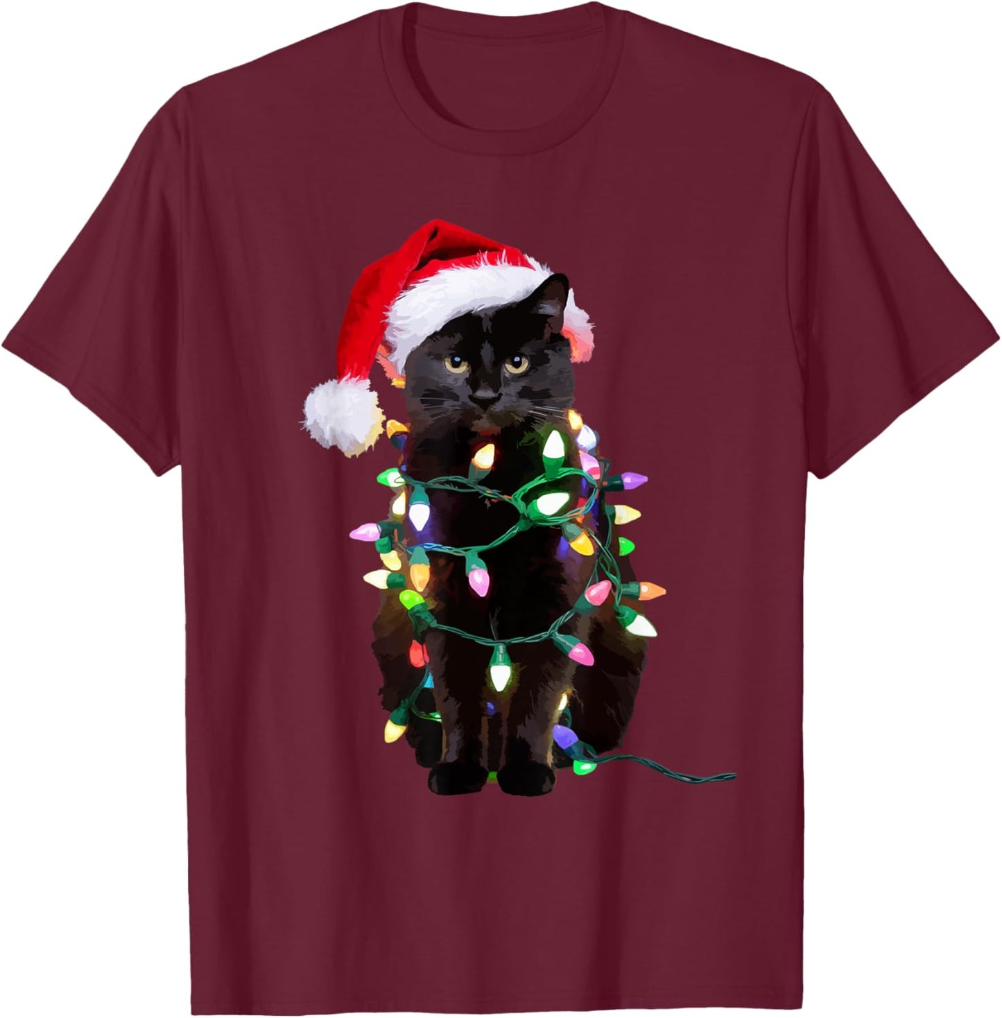 Black Cat Christmas Tree Lights Funny Santa Kitten Led Light T-Shirt - T-Shirt | Maroon