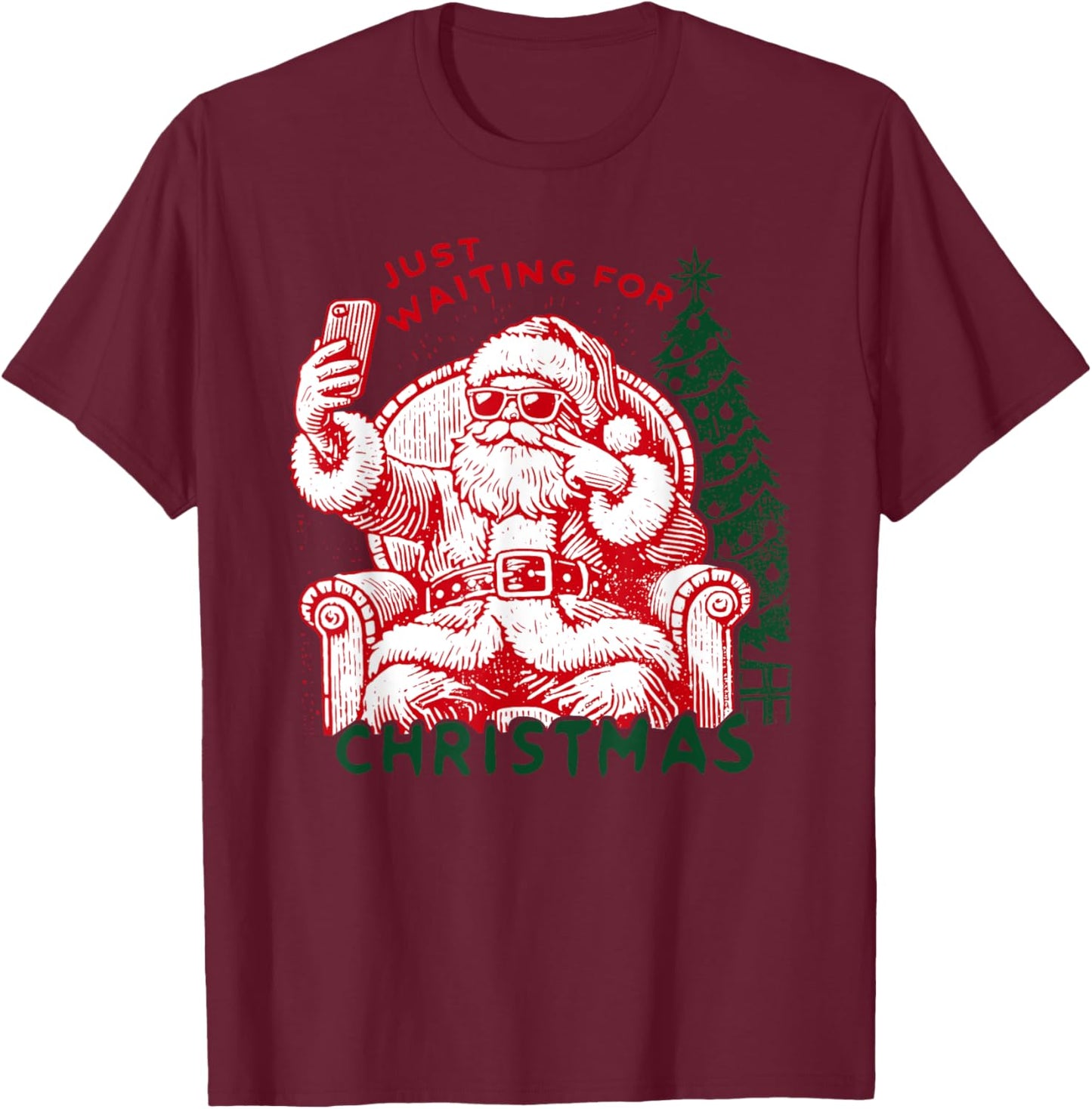 Retro Just Waiting For Christmas, Christmas Funny Santa T-Shirt - T-Shirt | Maroon