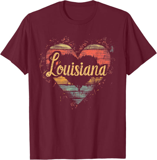 Louisiana -Heart Vintage Love Women Kids Retro Graphic Funny T-Shirt - T-Shirt | Maroon