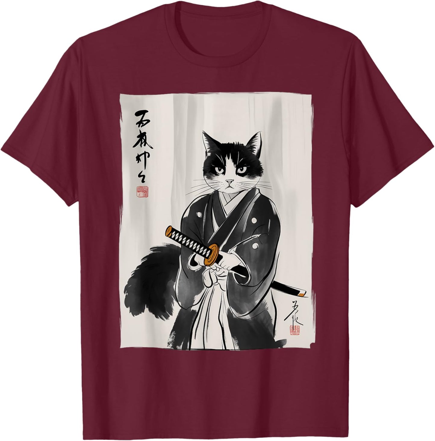 Samurai Cat Japanese Art Gifts For Cat Mom Cat Dad Cat Lover T-Shirt - T-Shirt | Maroon