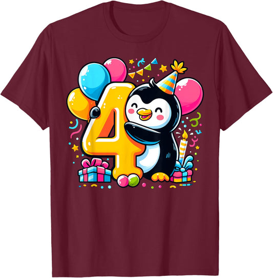 Kids Penguin Theme fourth Bday Party 4th Penguin Birthday T-Shirt - T-Shirt | Maroon