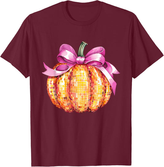 Coquette Pumpkin Pink Bow Fall Y'All Thanksgiving Women Girl T-Shirt - T-Shirt | Maroon