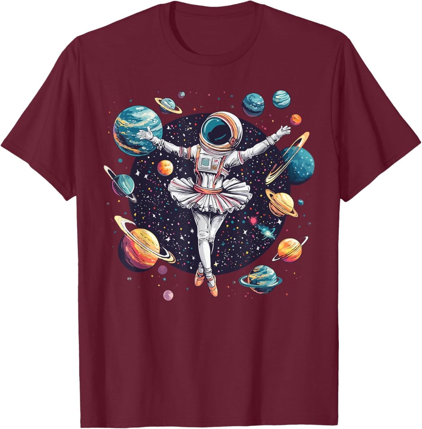 Astronaut Ballerina Dancing In Space Planets Galaxy Kid Girl T-Shirt - T-Shirt | Maroon