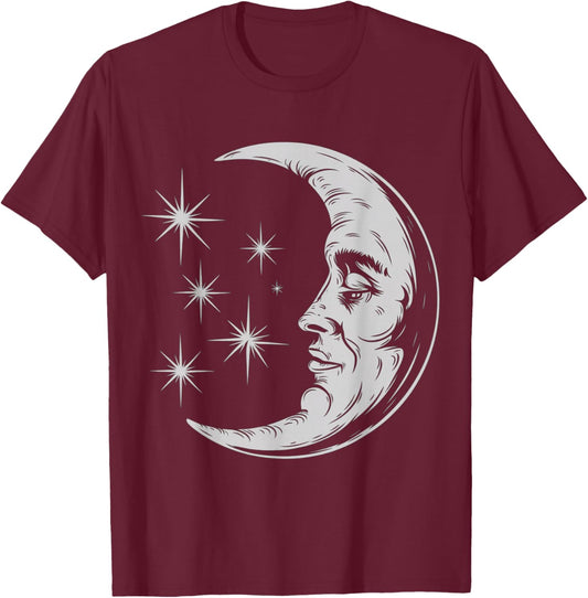 Bohemian Half Crescent Moon Face T-Shirt - T-Shirt | Maroon