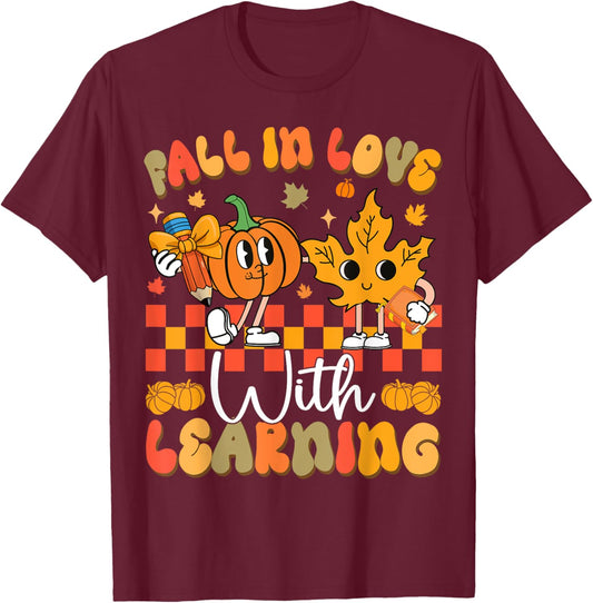 Fall In Love With Learning Funny Teacher Autumn Pumpkin T-Shirt - T-Shirt | Maroon
