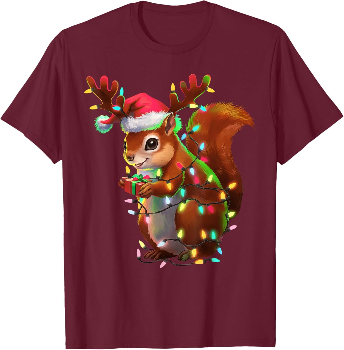 Christmas Squirrel Lights Santa Hat Xmas Family Men Women T-Shirt - T-Shirt | Maroon