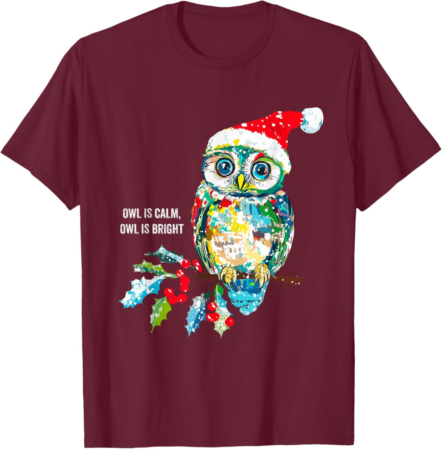 Funny Owl Wearing Santa Claus Hat Christmas Holiday Meme T-Shirt - T-Shirt | Maroon