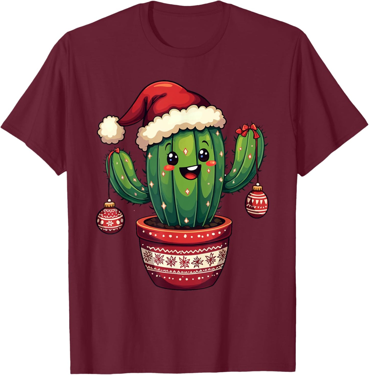 Cactus Santa Hat Funny Christmas Xmas Men Women Kids T-Shirt - T-Shirt | Maroon