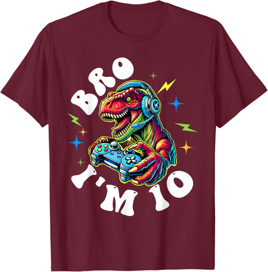 10th Birthday Boy Bro I’m 10 Year Old T Rex Gamer Ten Bday T-Shirt - T-Shirt | Maroon