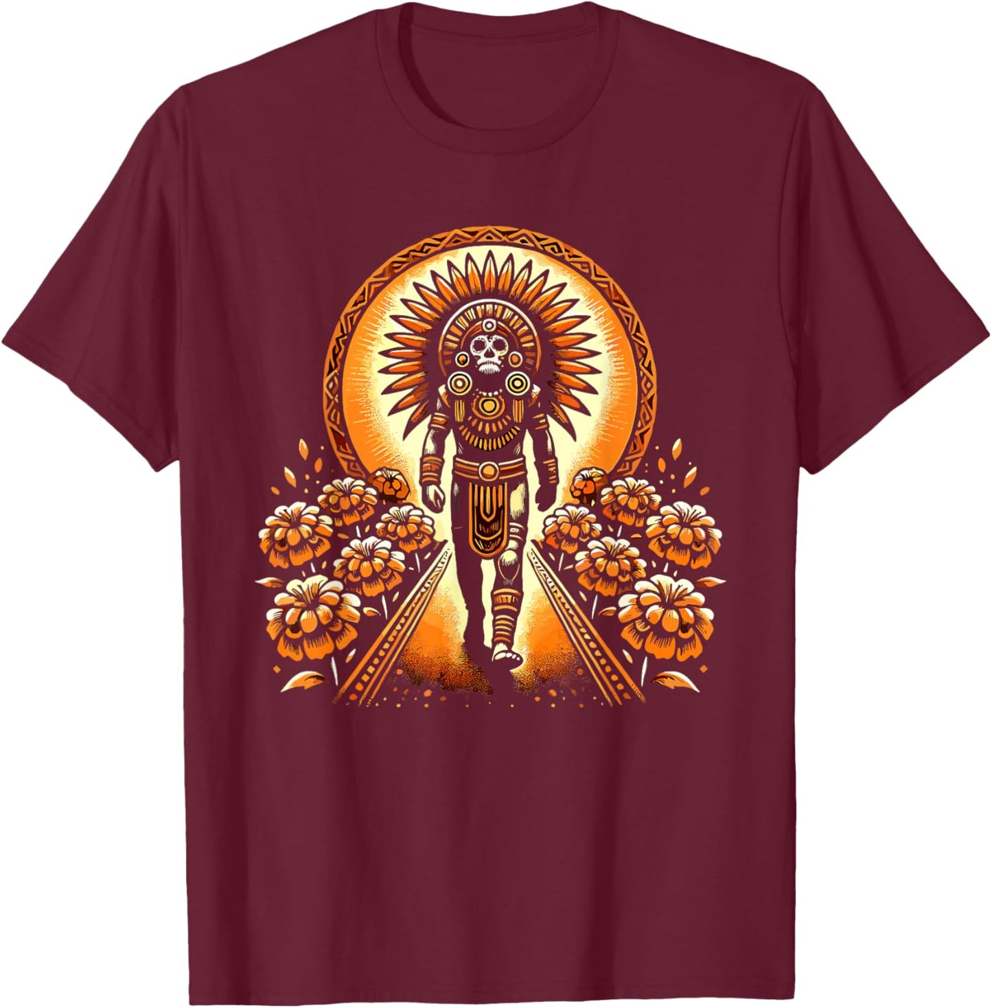 Aztec Warrior Mask Tribal Art Mexican Heritage Aztec Symbols T-Shirt - T-Shirt | Maroon