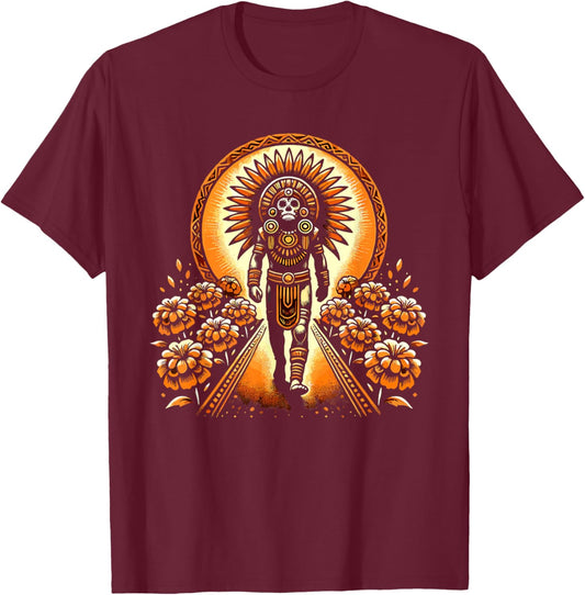 Aztec Warrior Mask Tribal Art Mexican Heritage Aztec Symbols T-Shirt - T-Shirt | Maroon