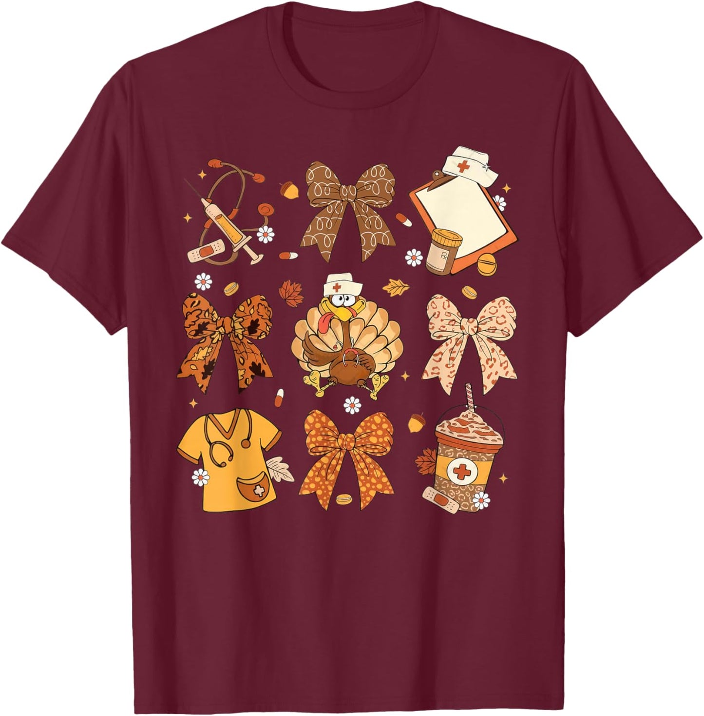 Coquette Bow Nurse Thanksgiving Turkey Scrub Top T-Shirt - T-Shirt | Maroon