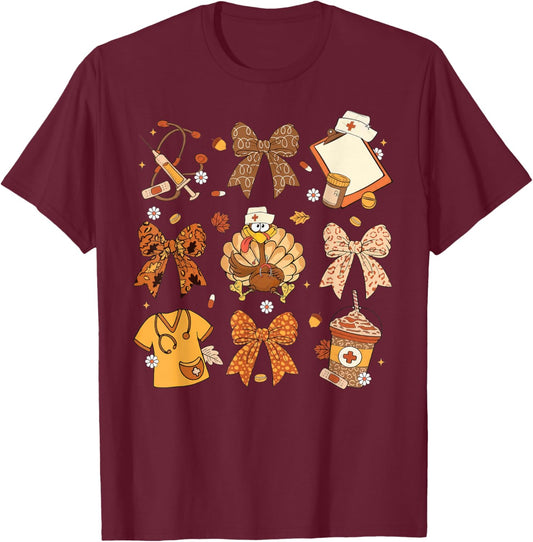 Coquette Bow Nurse Thanksgiving Turkey Scrub Top T-Shirt - T-Shirt | Maroon
