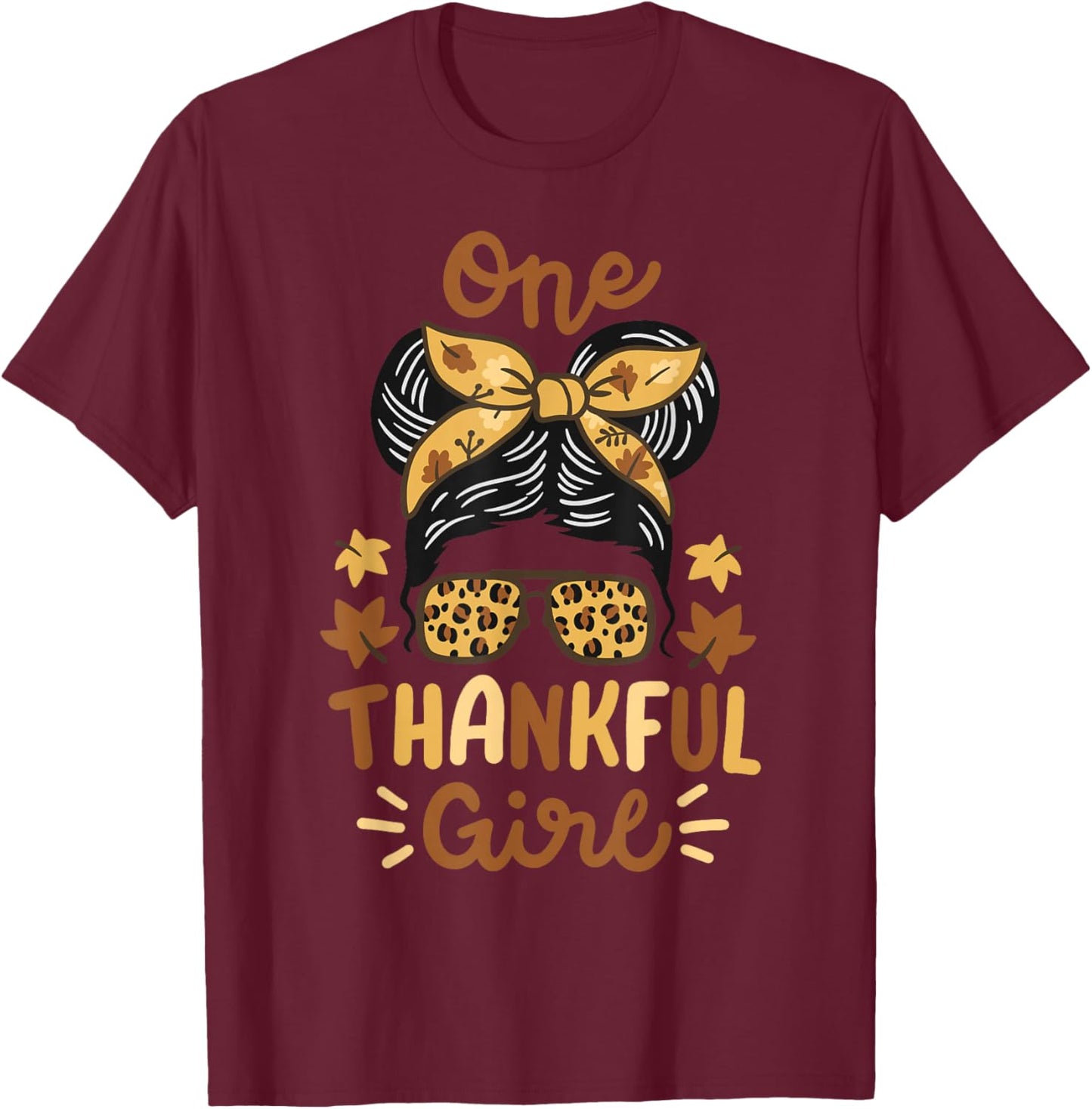 Thanksgiving Messy Bun Leopard Thankful Girl Women T-Shirt - T-Shirt | Maroon