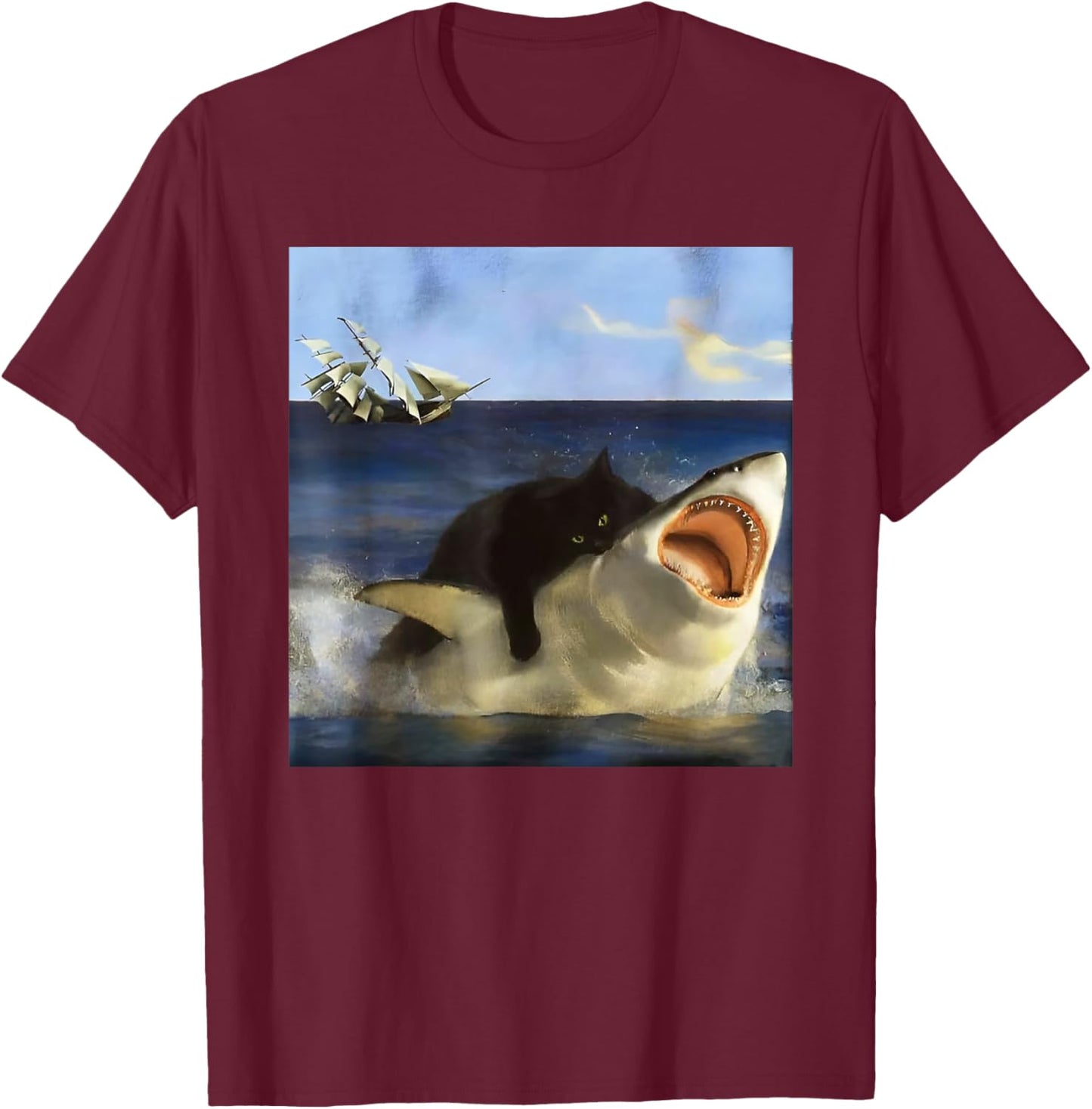 Graphic Cute Kitten Funny Animal Vintage Art Cat Meme Shark Women Girls Kids T-Shirt - T-Shirt | Maroon