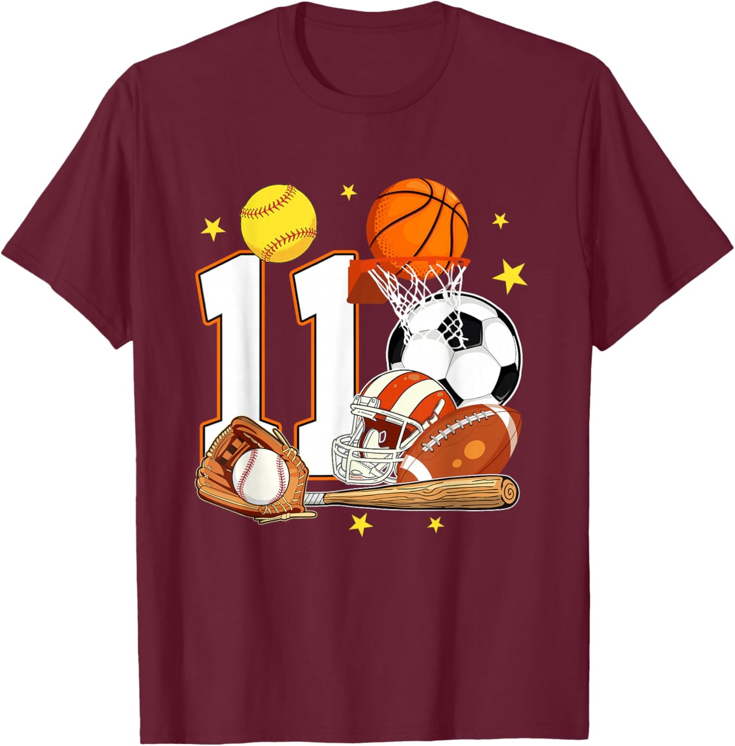 11th Birthday Sports Birthday Theme 11 Year Old Birthday T-Shirt - T-Shirt | Maroon