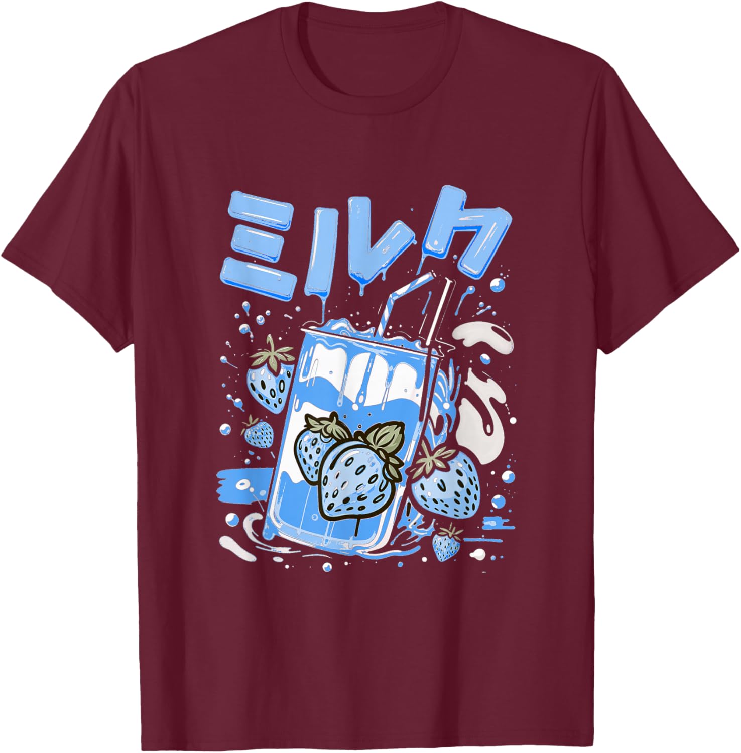 Blue Strawberry Milk Blue Color Graphic T-Shirt - T-Shirt | Maroon