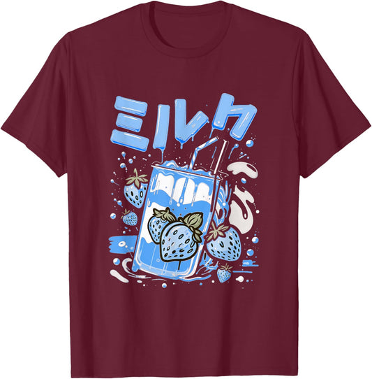 Blue Strawberry Milk Blue Color Graphic T-Shirt - T-Shirt | Maroon