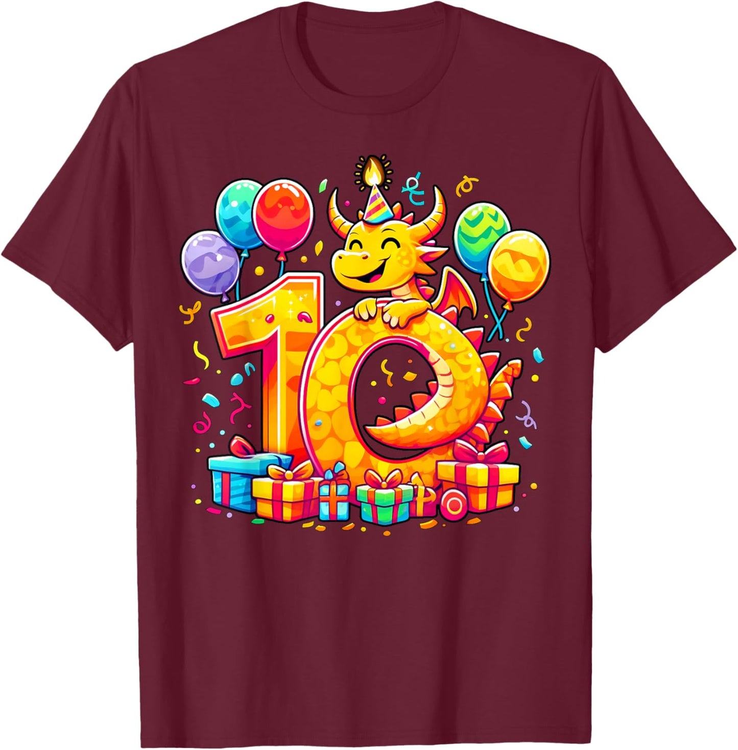 Kids Dragon Theme tenth Bday Party 10th Dragon Birthday T-Shirt - T-Shirt | Maroon