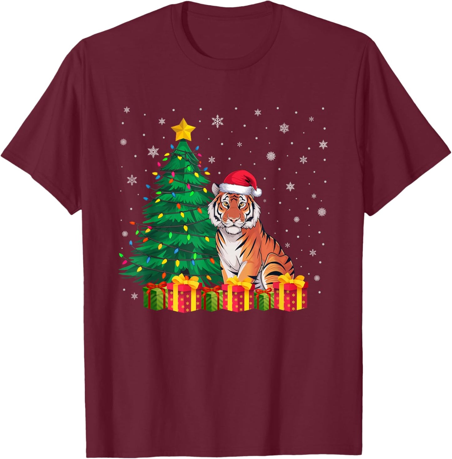 Ugly Bengal Tiger Santa Hat Christmas Tree Lights Pajama T-Shirt - T-Shirt | Maroon