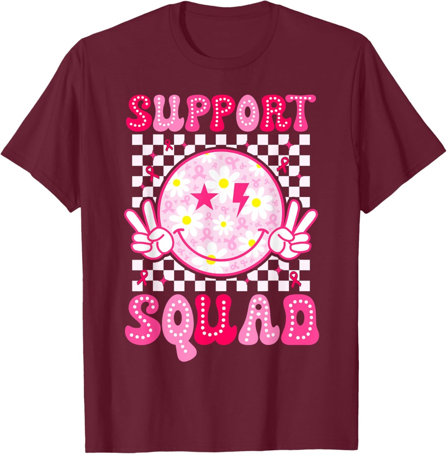 Support Squad Breast Cancer Awareness Pink Ribbon Smile Face T-Shirt - T-Shirt | Maroon