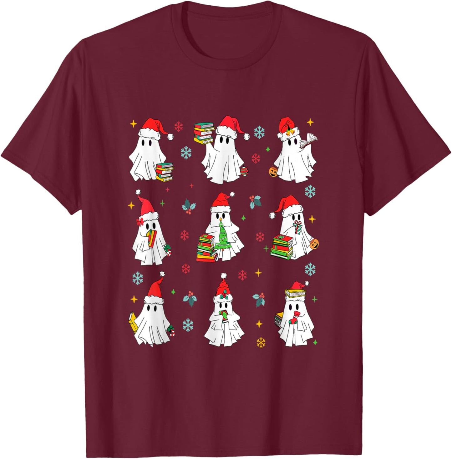 Ghosts Wearing Santa Hats Reading Books Christmas Book Lover T-Shirt - T-Shirt | Maroon