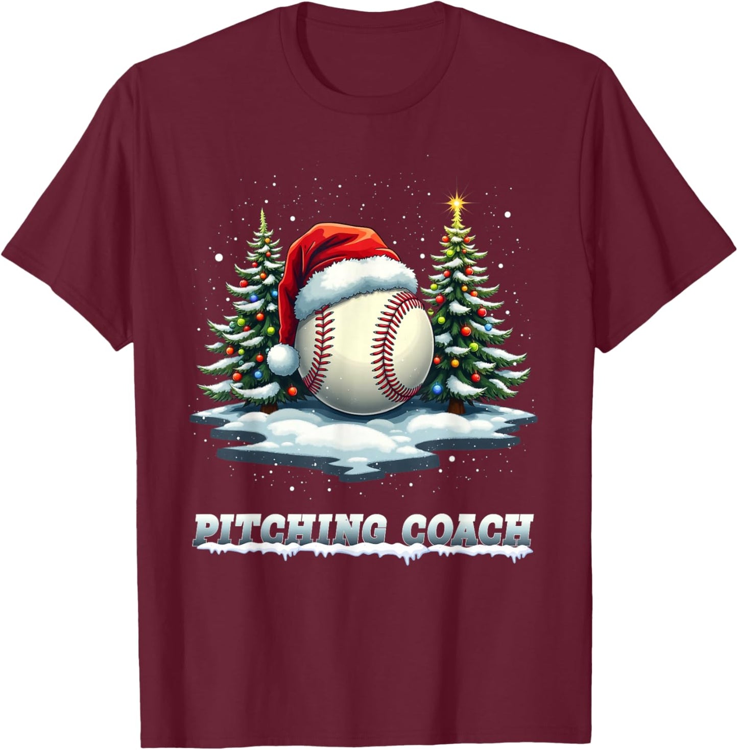 Baseball Pitching Coach Christmas Santa Hat Ball T-Shirt - T-Shirt | Maroon