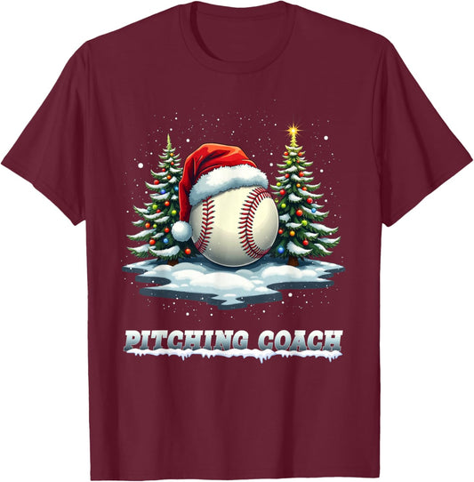 Baseball Pitching Coach Christmas Santa Hat Ball T-Shirt - T-Shirt | Maroon