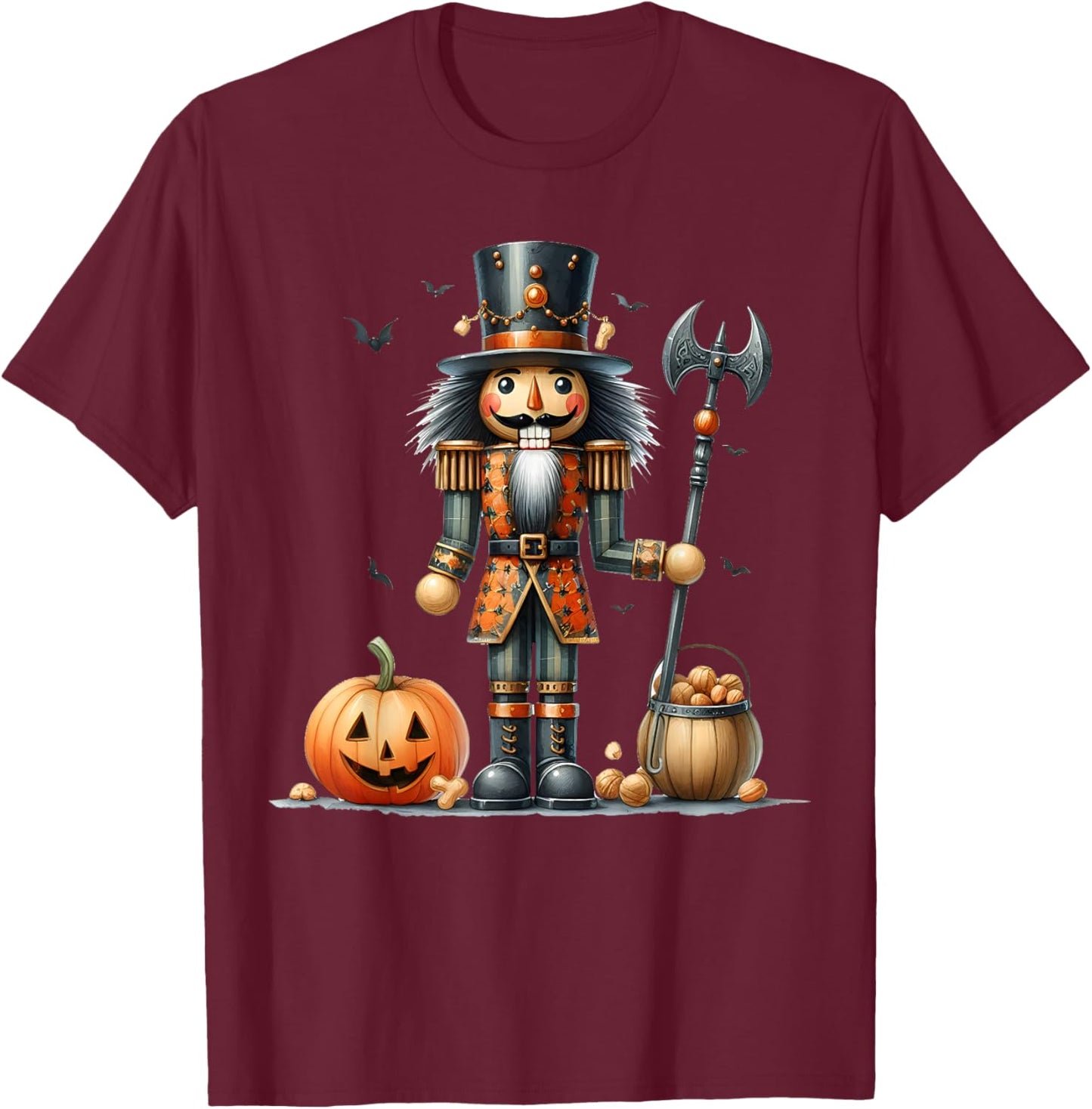 Retro Funny Nutcracker And Pumkins Hallothanksmas Halloween T-Shirt - T-Shirt | Maroon