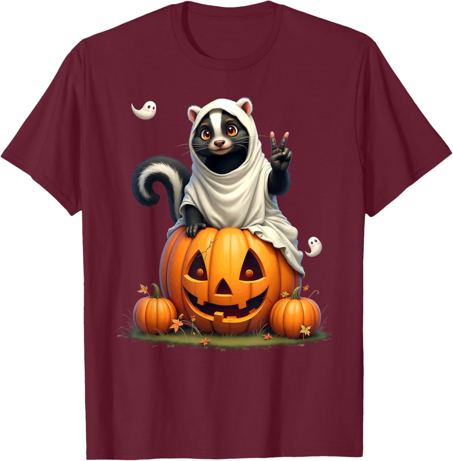 Pumpkin Boo Ghost Skunk Halloween Costume T-Shirt - T-Shirt | Maroon