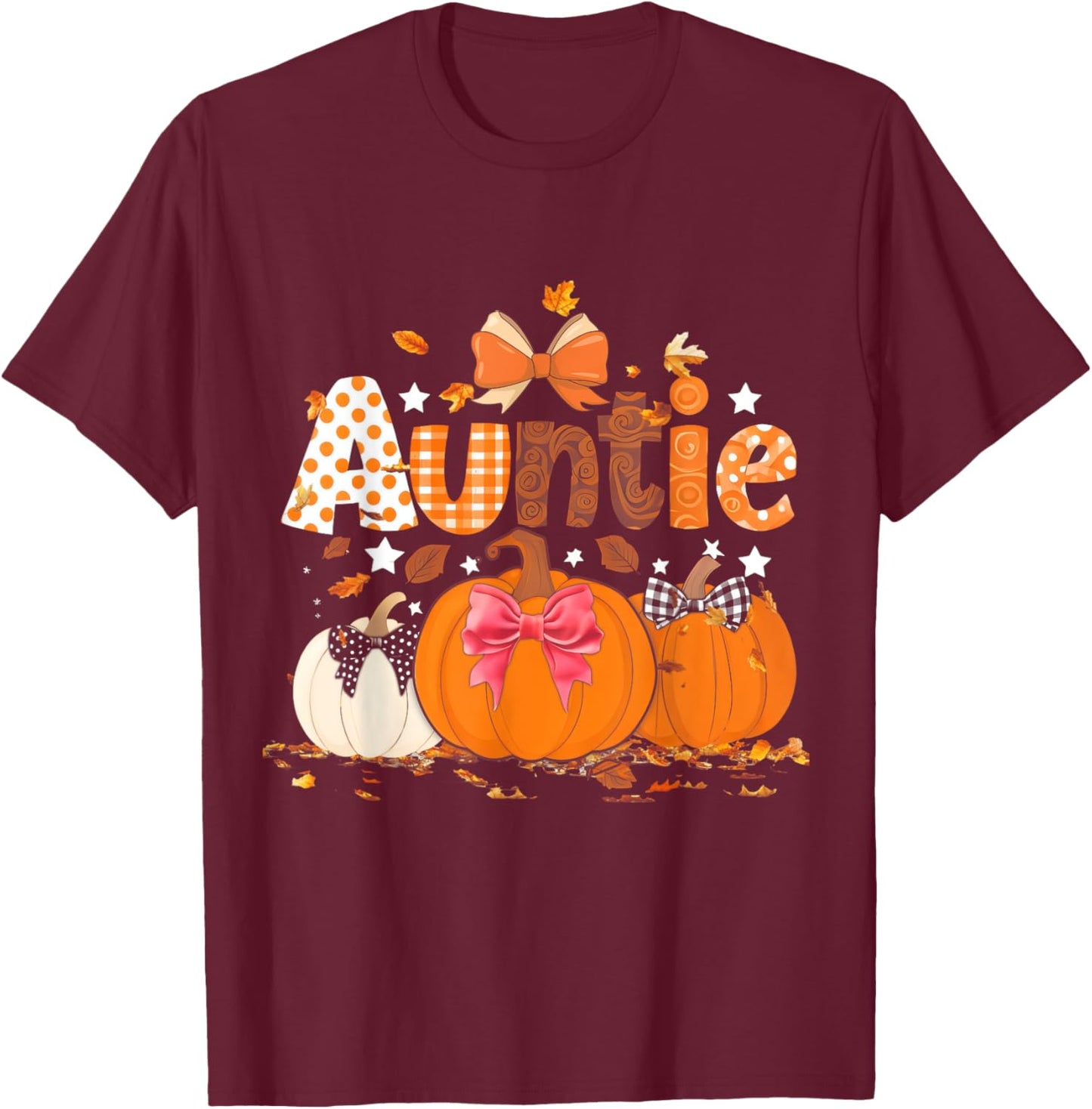 Auntie Pumpkin Fall Autumn Coquette Bow Thanksgiving Family T-Shirt - T-Shirt | Maroon