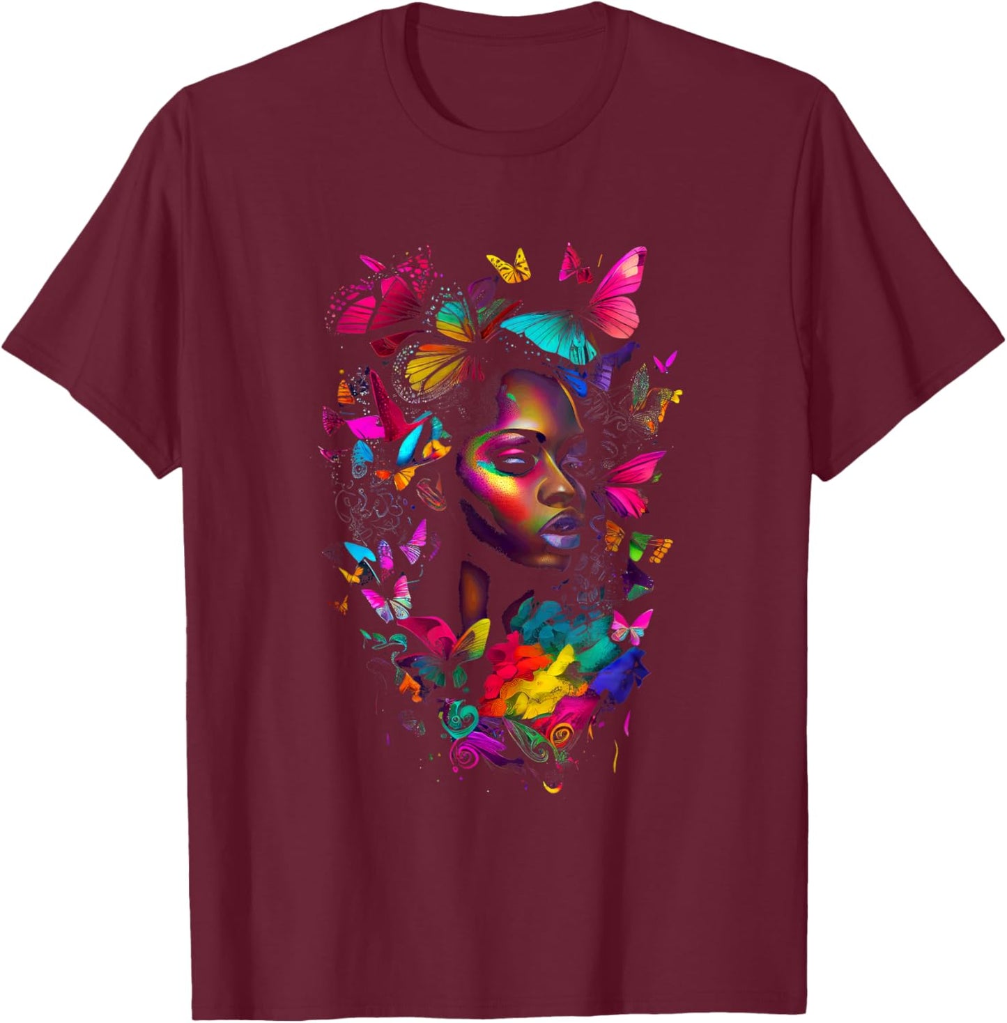 Black Woman Flowers Butterflies African American Art T-Shirt - T-Shirt | Maroon
