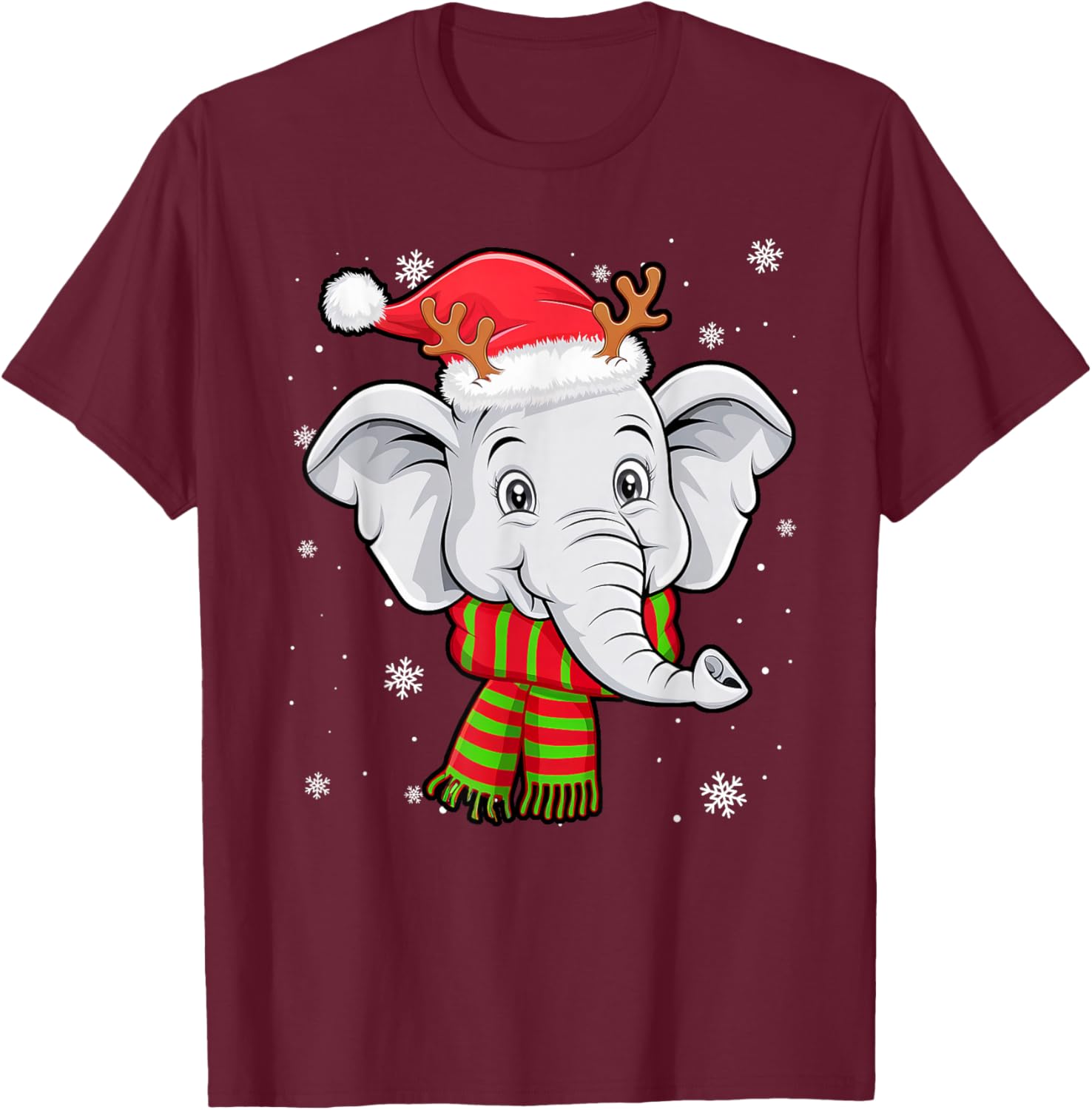 Christmas Elephant Funny Elephant With Santan Hat Reindeer T-Shirt - T-Shirt | Maroon