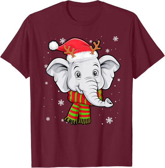 Christmas Elephant Funny Elephant With Santan Hat Reindeer T-Shirt - T-Shirt | Maroon