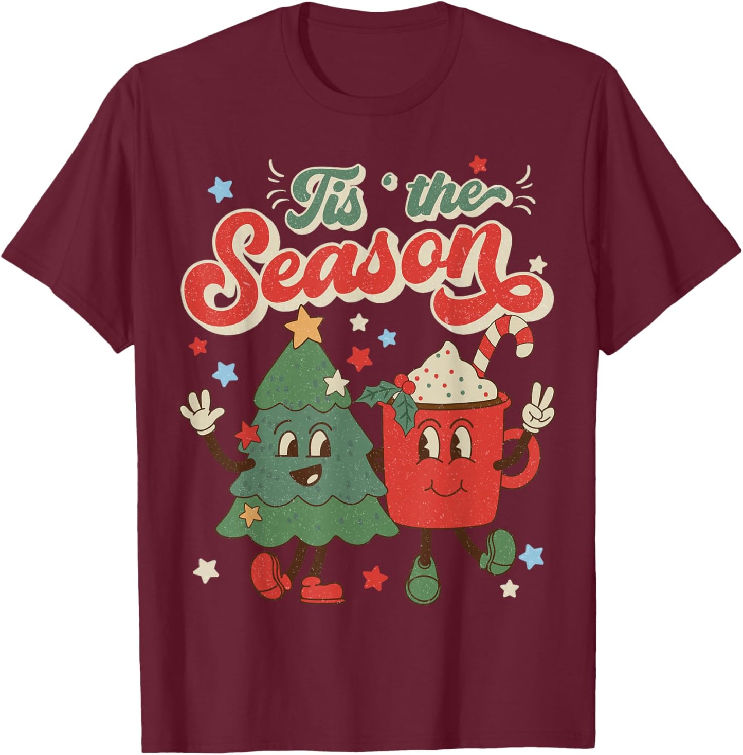Vintage Christmas Tis The Season Christmas Tree Coffee Latte T-Shirt - T-Shirt | Maroon