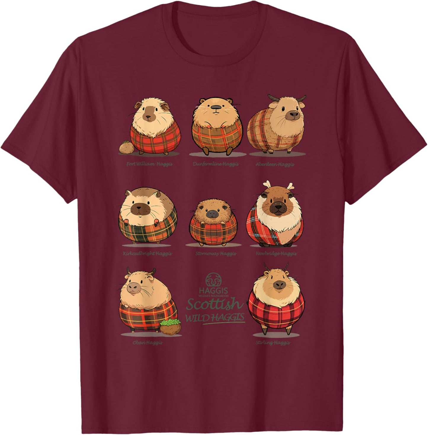 Haggis Wildlife Foundation -Adults Haggis Scottish Wild Haggis Black Small Classic Fit Mandarin Collar Short Sleeve T-Shirt - T-Shirt | Maroon