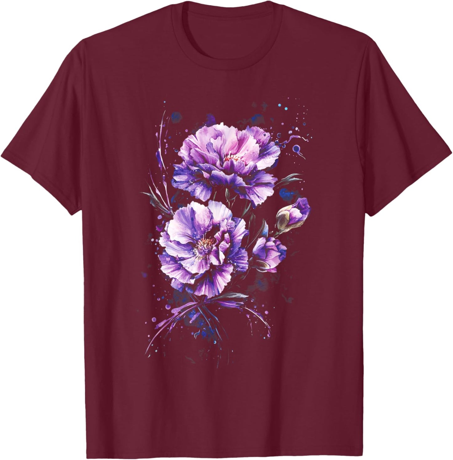 Purple Carnations Watercolor Splash Effect Floral T-Shirt - T-Shirt | Maroon