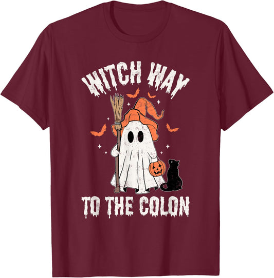 Witch Way To The Colon Gastrointestinal Endo Nurse Halloween T-Shirt - T-Shirt | Maroon