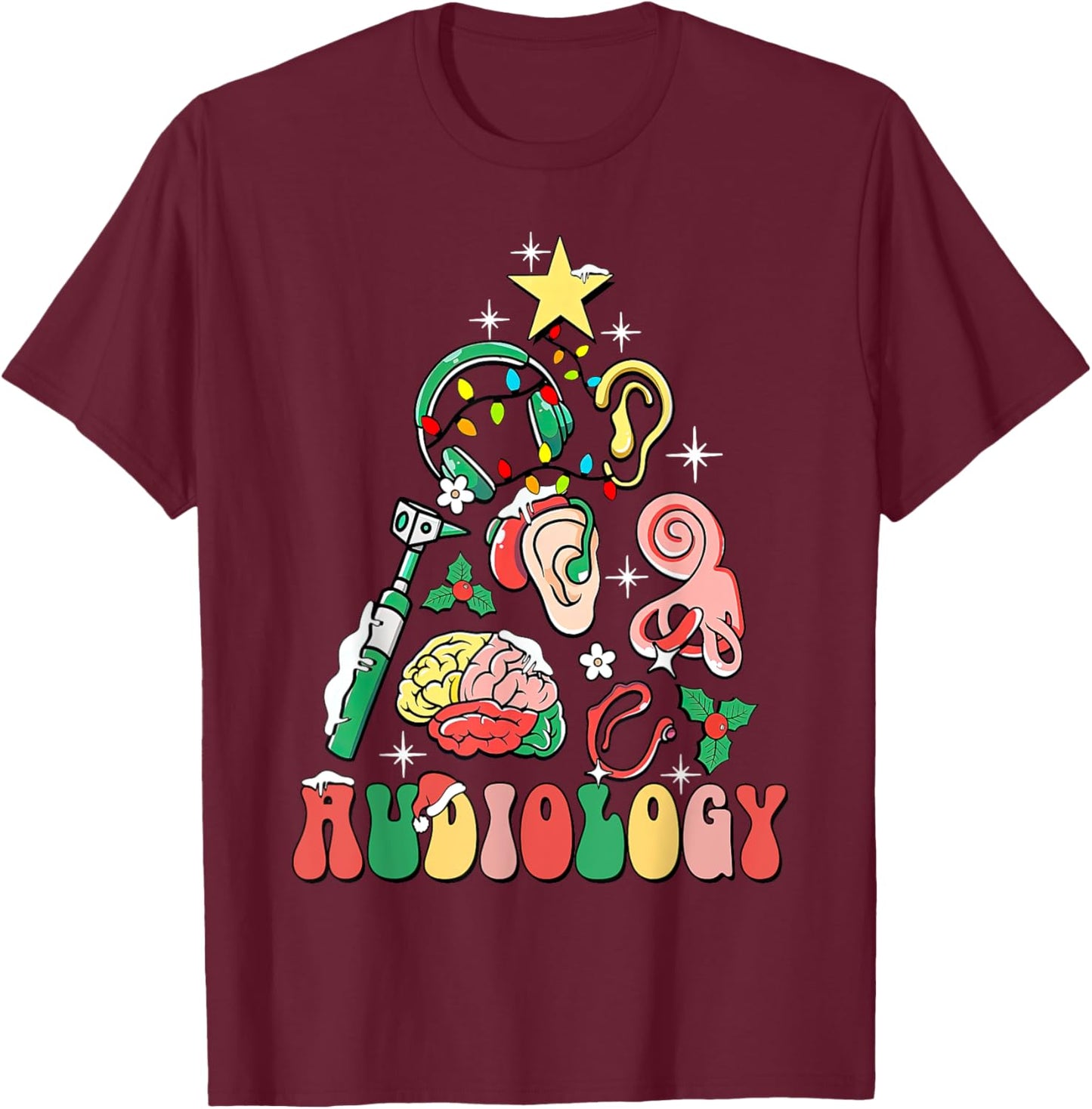Audiology Christmas Tree Audiologist Squad Healthcare Worker T-Shirt - T-Shirt | Maroon
