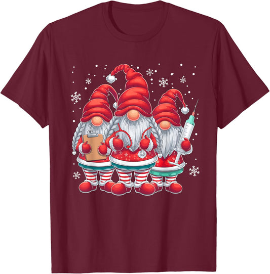 Xmas Medical Scrub Top Cute Nursing Christmas Gnomes Nurse T-Shirt - T-Shirt | Maroon
